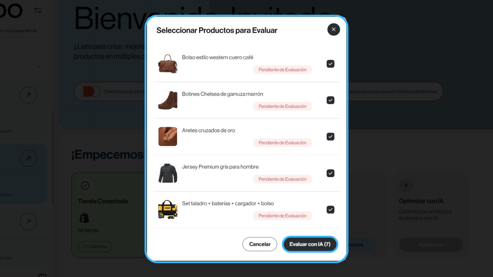 captura de pantalla de la interfaz de Dondo en donde se ve como seleccionar productos para evaluarlos con Dondo IA