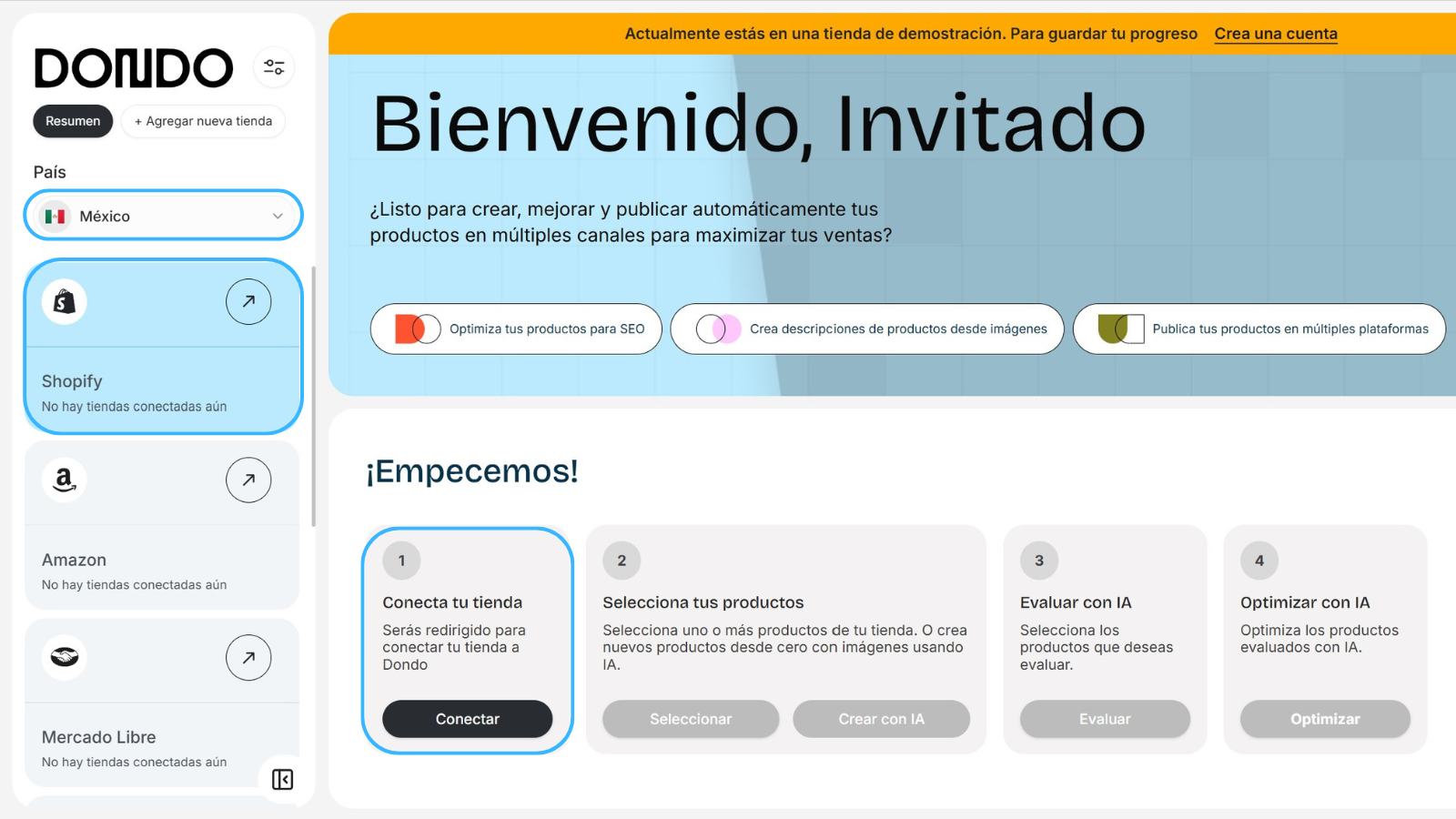 Captura de pantalla de la interfaz de Dondo que muestra paso para conectar tienda Shopify