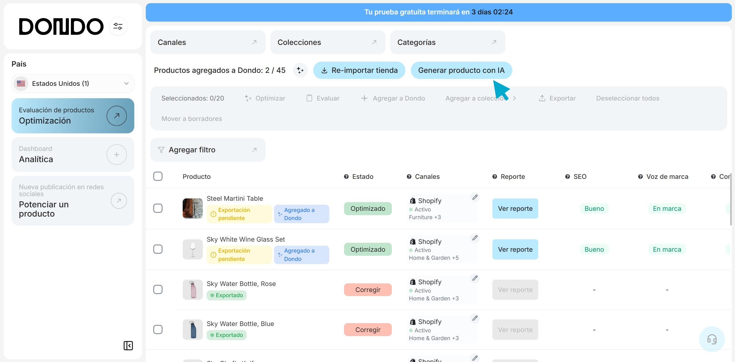 Captura de pantalla del panel de control de Dondo
