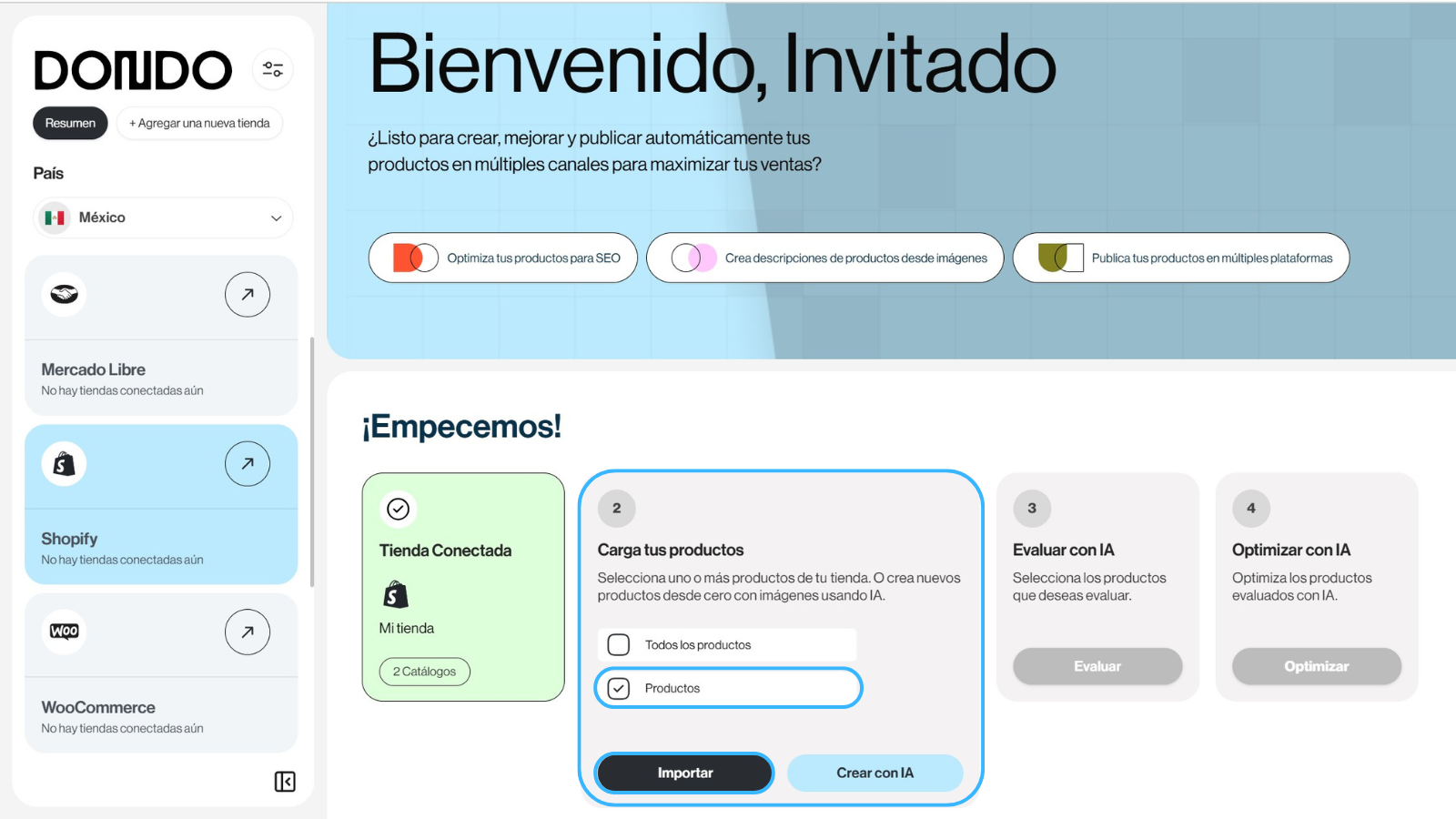 captura de pantalla de la interfaz de Dondo en donde se ve como importar tus productos