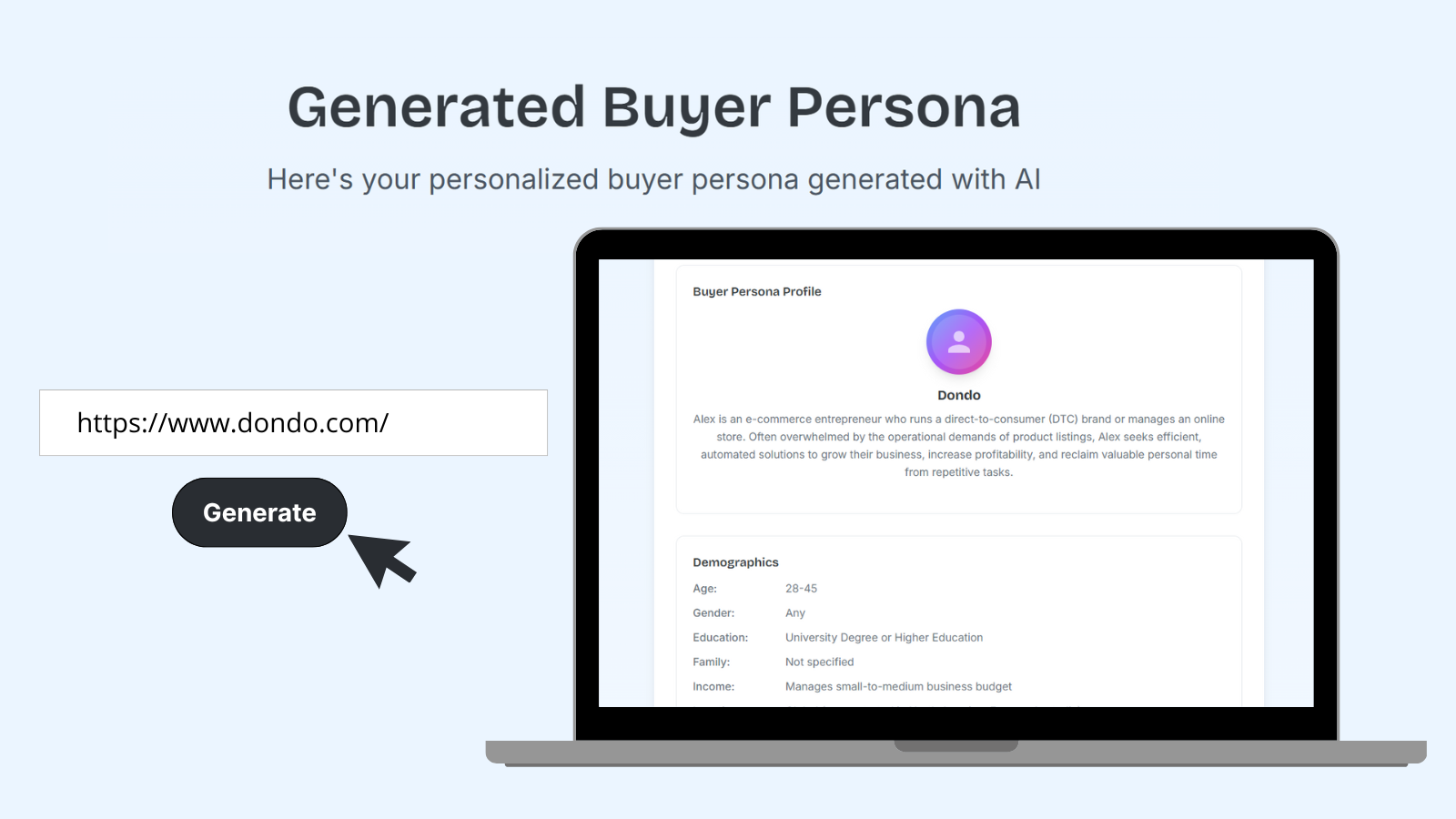 Illustration showing how to generate a buyer persona with Dondo AI. A URL input field with 'https://www.dondo.com/ ' is displayed alongside a 'Generate' button. On the right, a laptop screen shows a generated buyer persona profile with demographics and description.