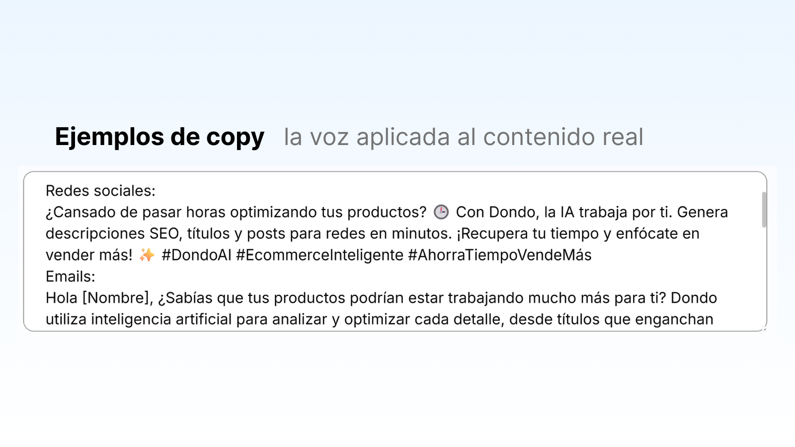 Ejemplo de copies para una guía de voz de marca, fuente: Dondo IA
