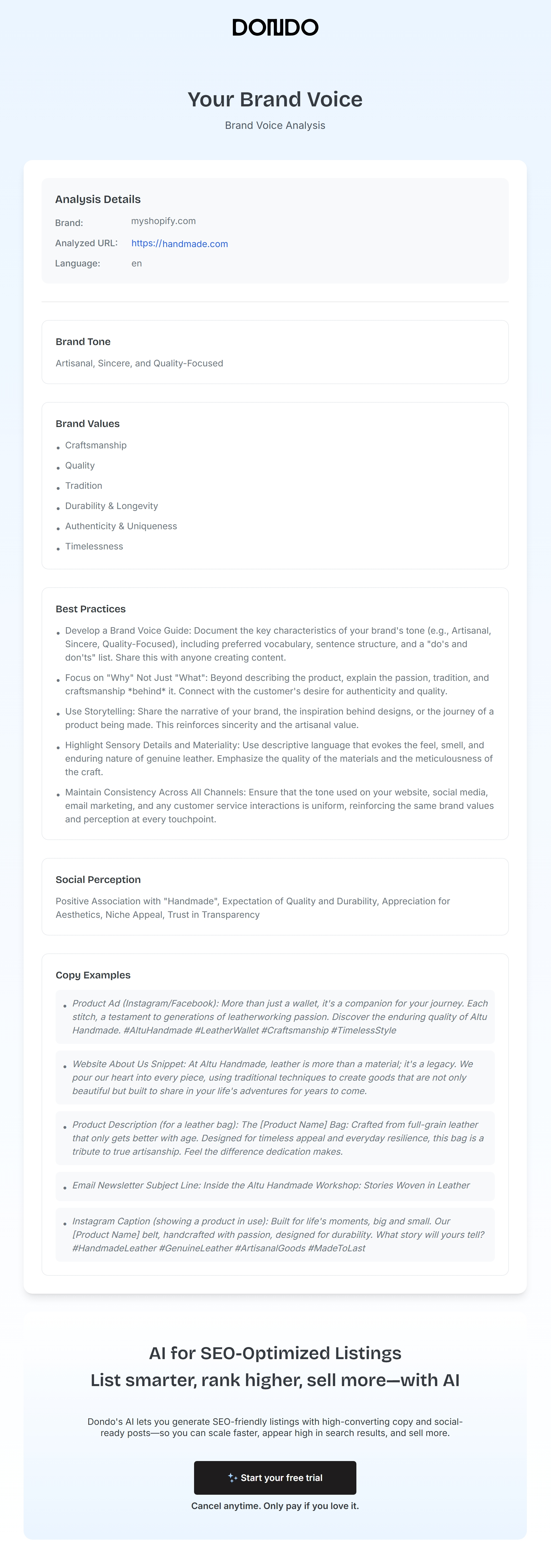 brand voice report from Dondo's brand voice AI generator