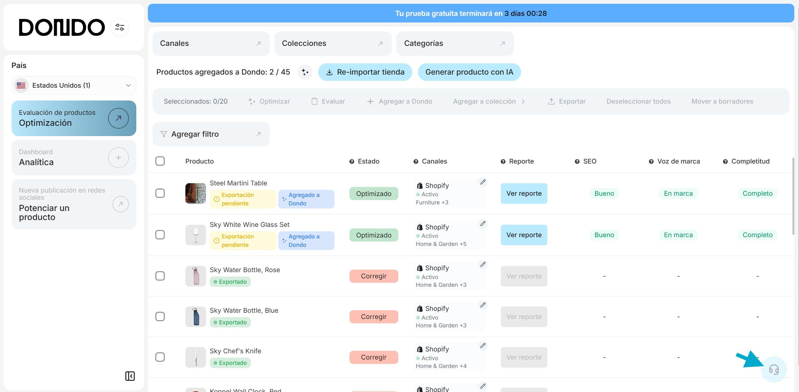 Captura de pantalla del panel de control de Dondo