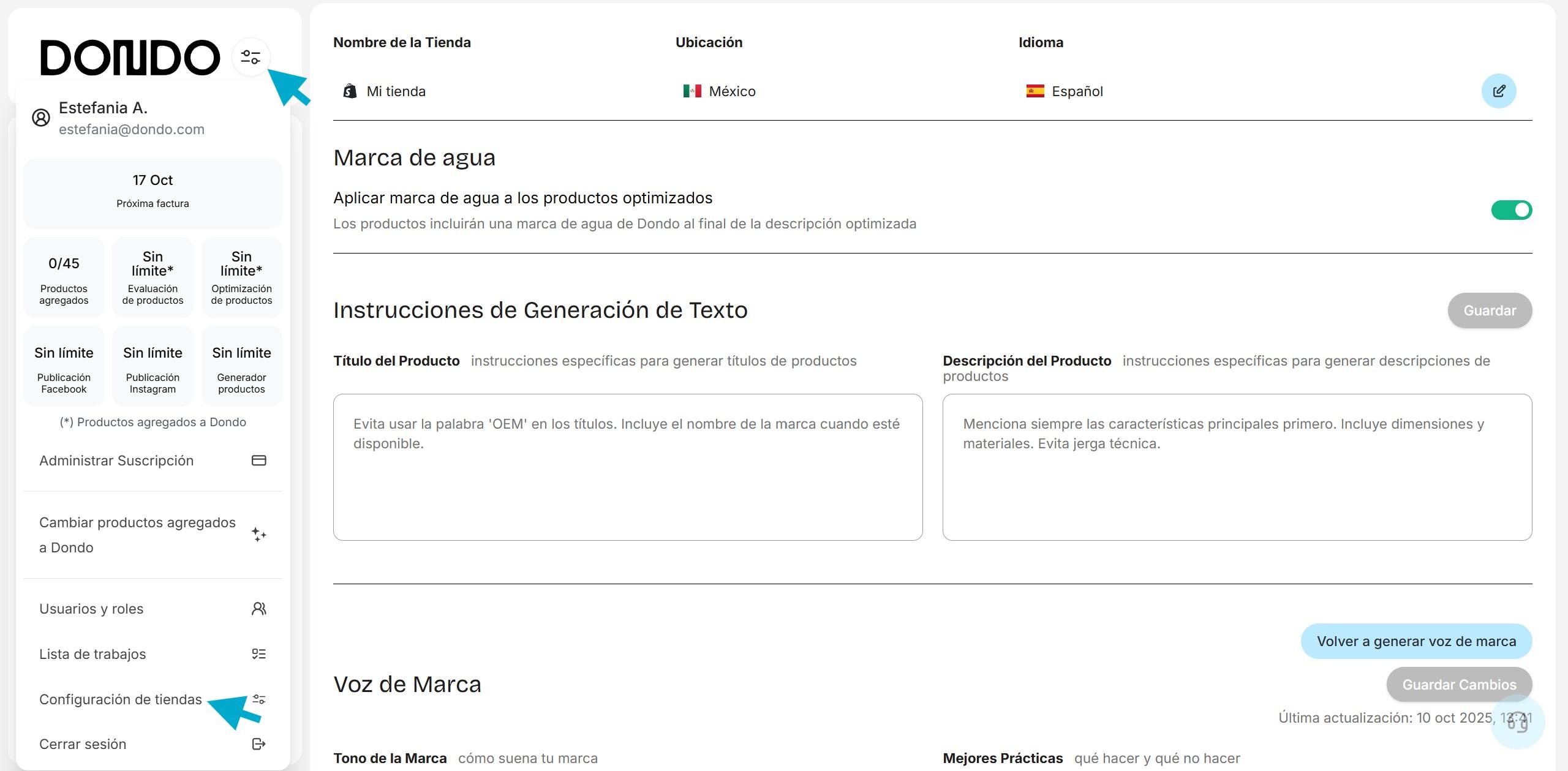 Captura de la pantalla de configuraciones de la tienda en Dondo