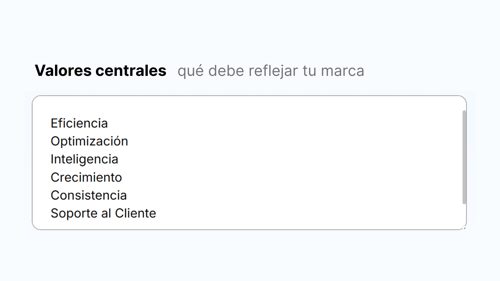 Ejemplo de valores centrales para una guía de voz de marca, fuente: Dondo IA