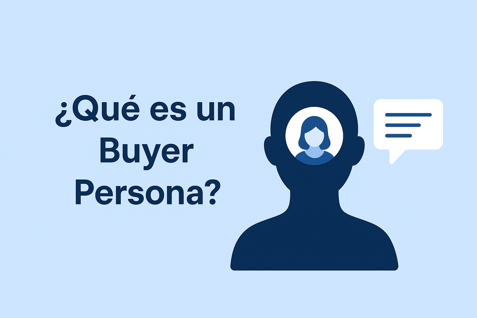 Ilustración con la pregunta "¿Qué es un Buyer Persona?" acompañada de la silueta de una persona con un ícono en su mente y un globo de diálogo, representando el concepto de buyer persona.