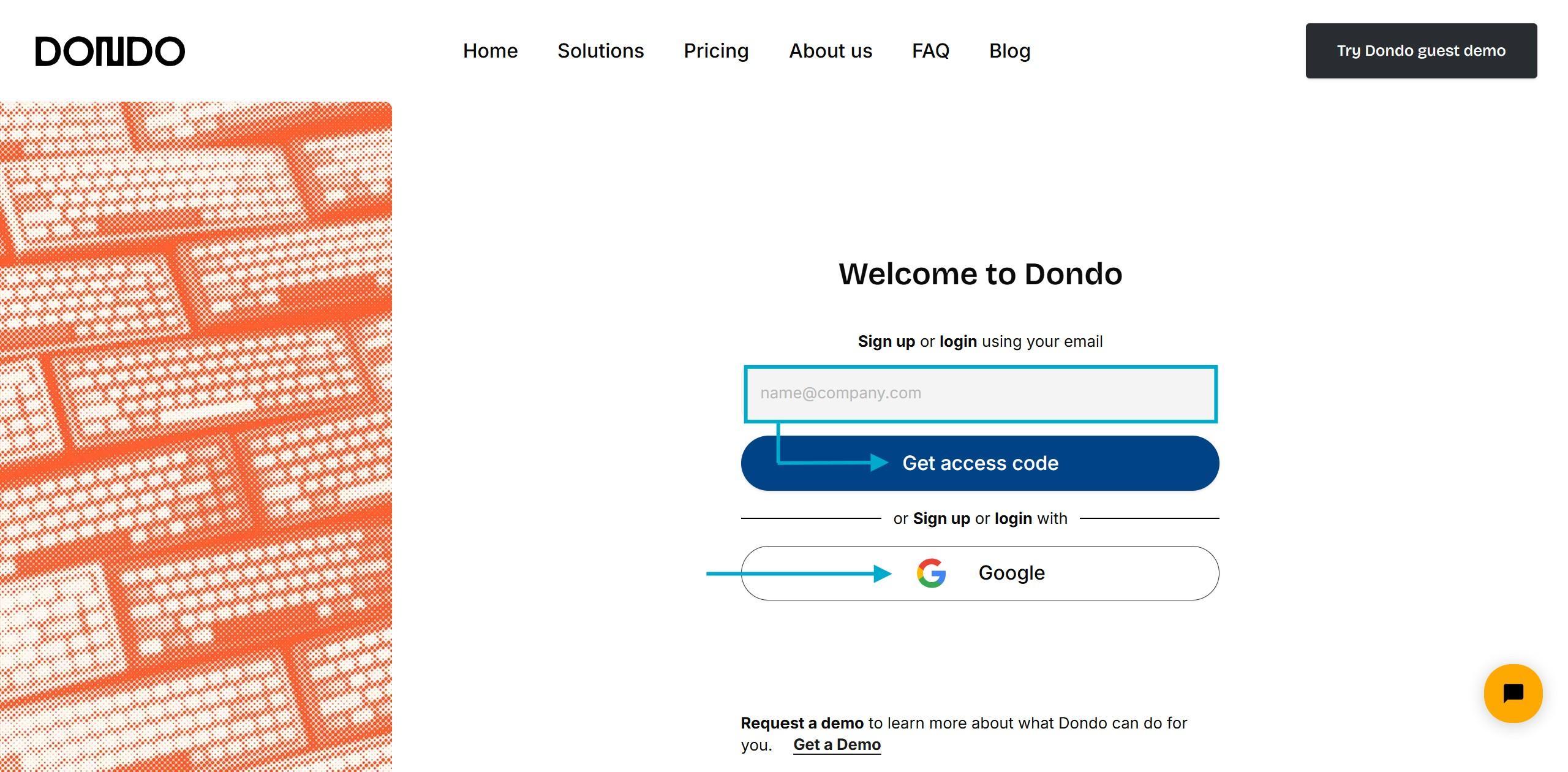 screenshot of Dondo sign-up and login screen, showcasing that you can sign-up with mail and a security code or with Google