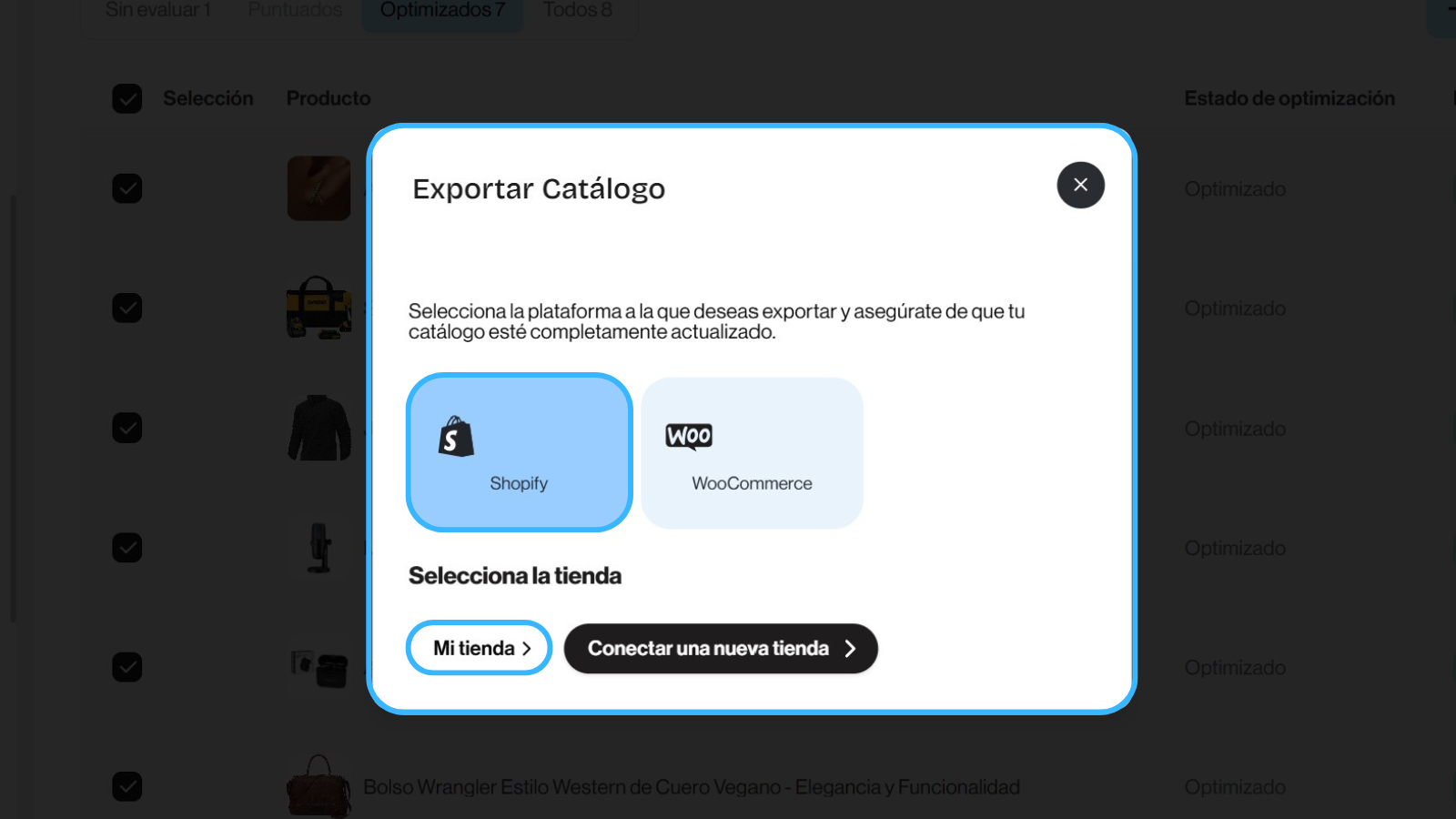 captura de pantalla de la interfaz de Dondo en donde se ve pantalla de confirmación para exportar productos