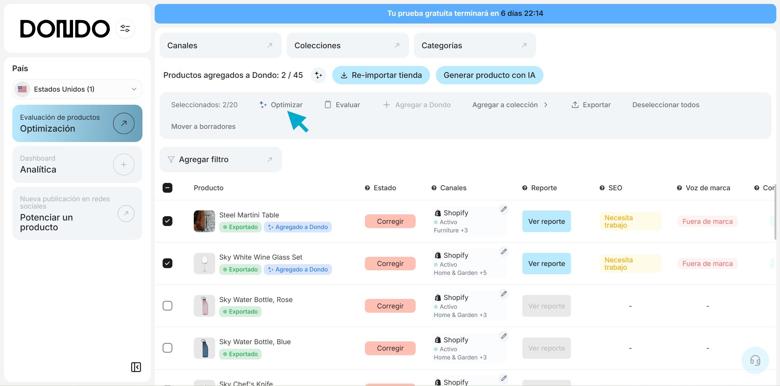 Captura de la vista general de productos en Dondo en donde se ve una flecha azul señalando la opción "Optimizar"