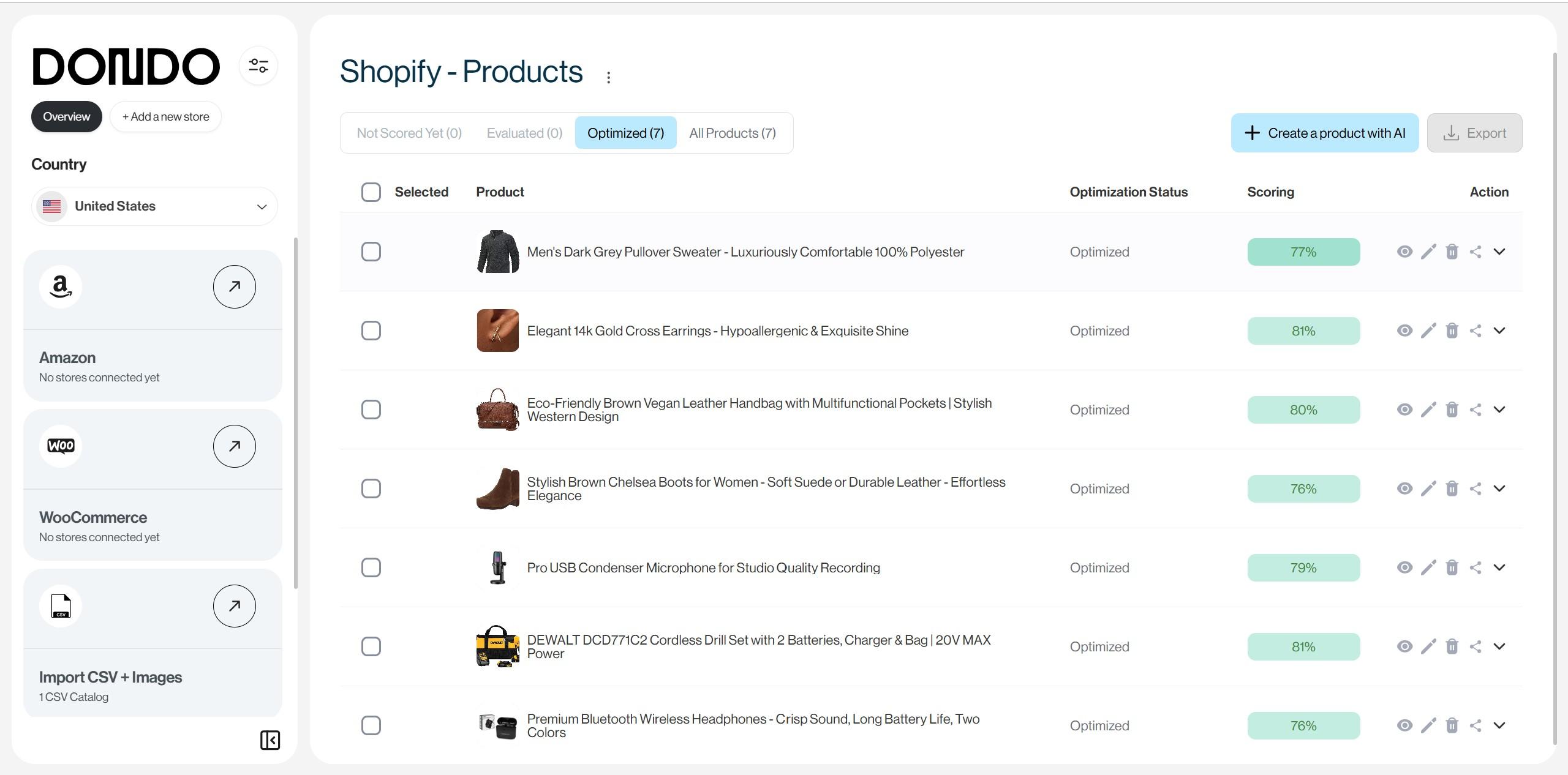screenshot of a products catalog optimized by Dondo AI