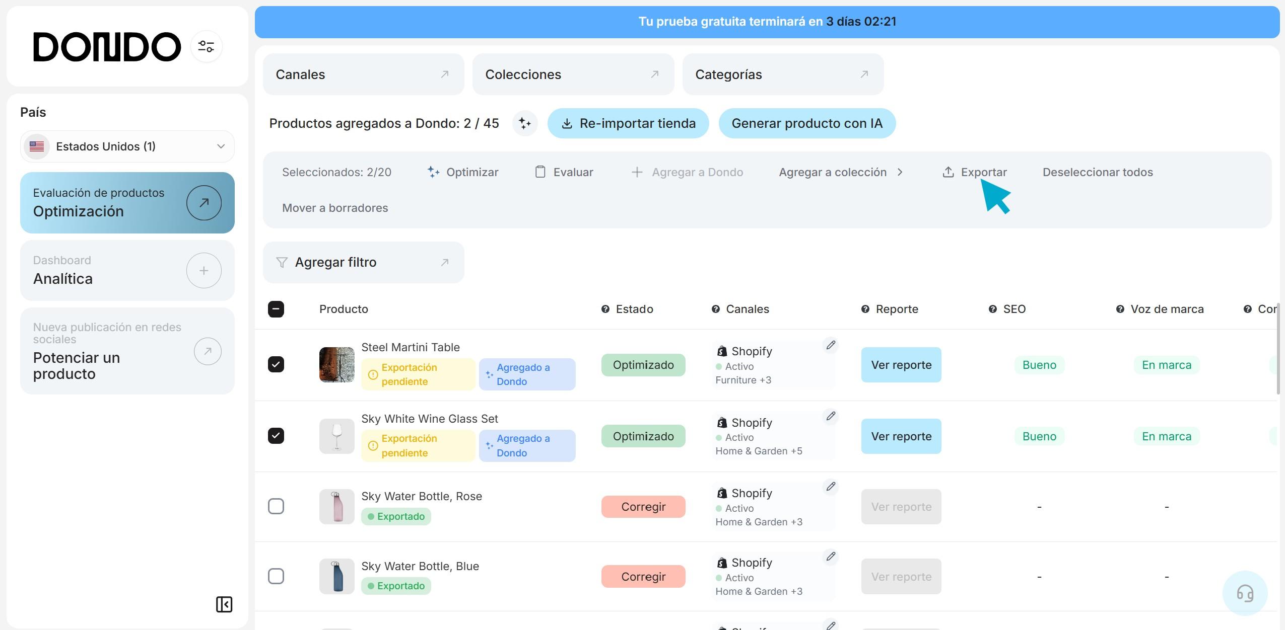 Captura de pantalla del panel de control de Dondo