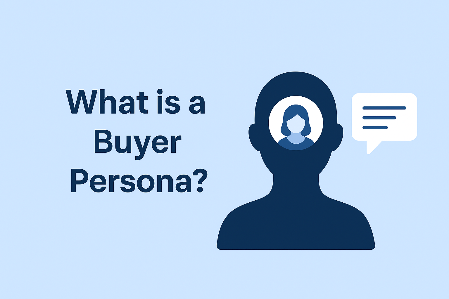Illustration with the text 'What is a Buyer Persona?' showing a human silhouette with a profile icon inside the head and a speech bubble, representing customer profiling.