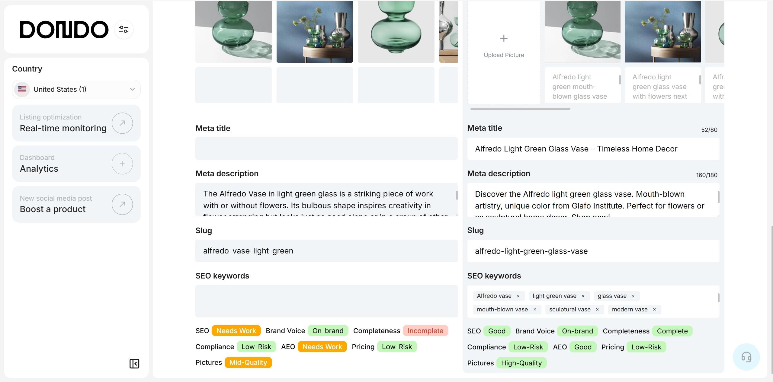 Product before and after being optimized with Dondo IA