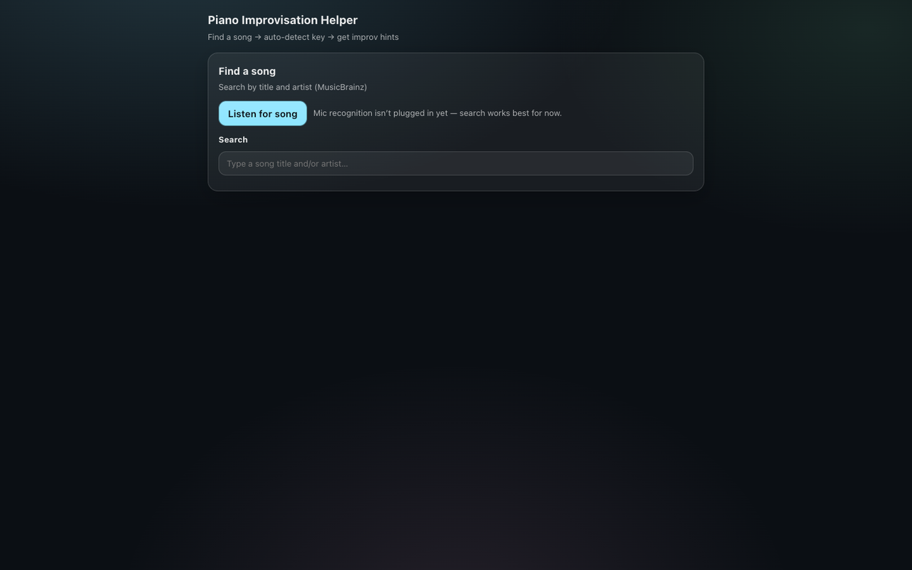 Screenshot of Piano Improvisation Helper with its song search and preview-analysis interface.