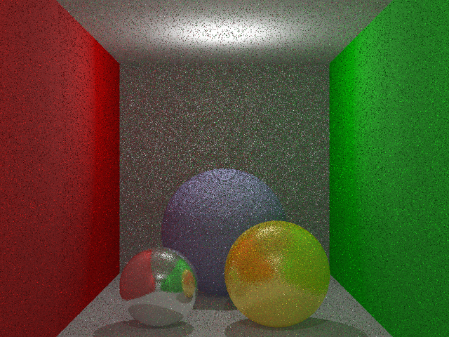 Original path-traced scene with coloured walls and several spheres, showing noisy indirect illumination.