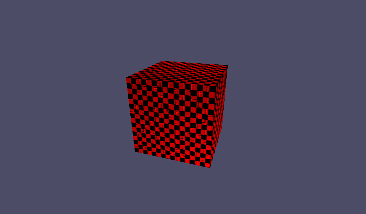 Original renderer screenshot of a red and black checker-textured cube against a plain background.
