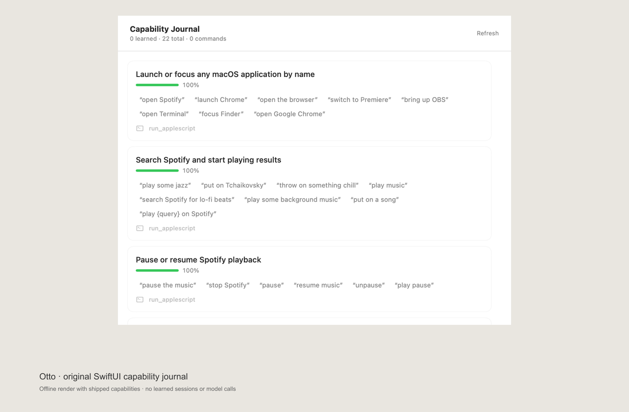 Otto’s native capability journal rendered with the original shipped app and music commands, in an offline demonstration.