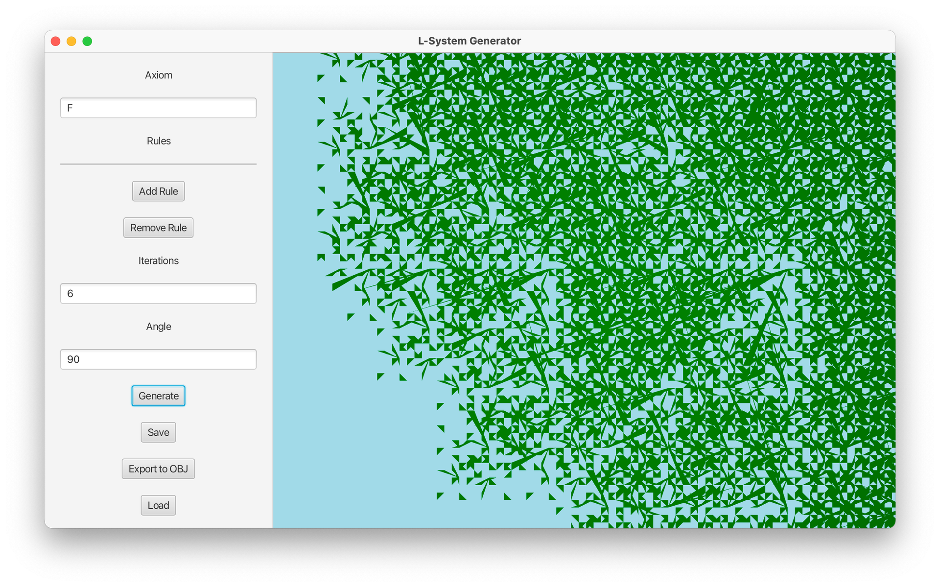 Original JavaFX screenshot showing the L-system controls beside a dense green branching structure.