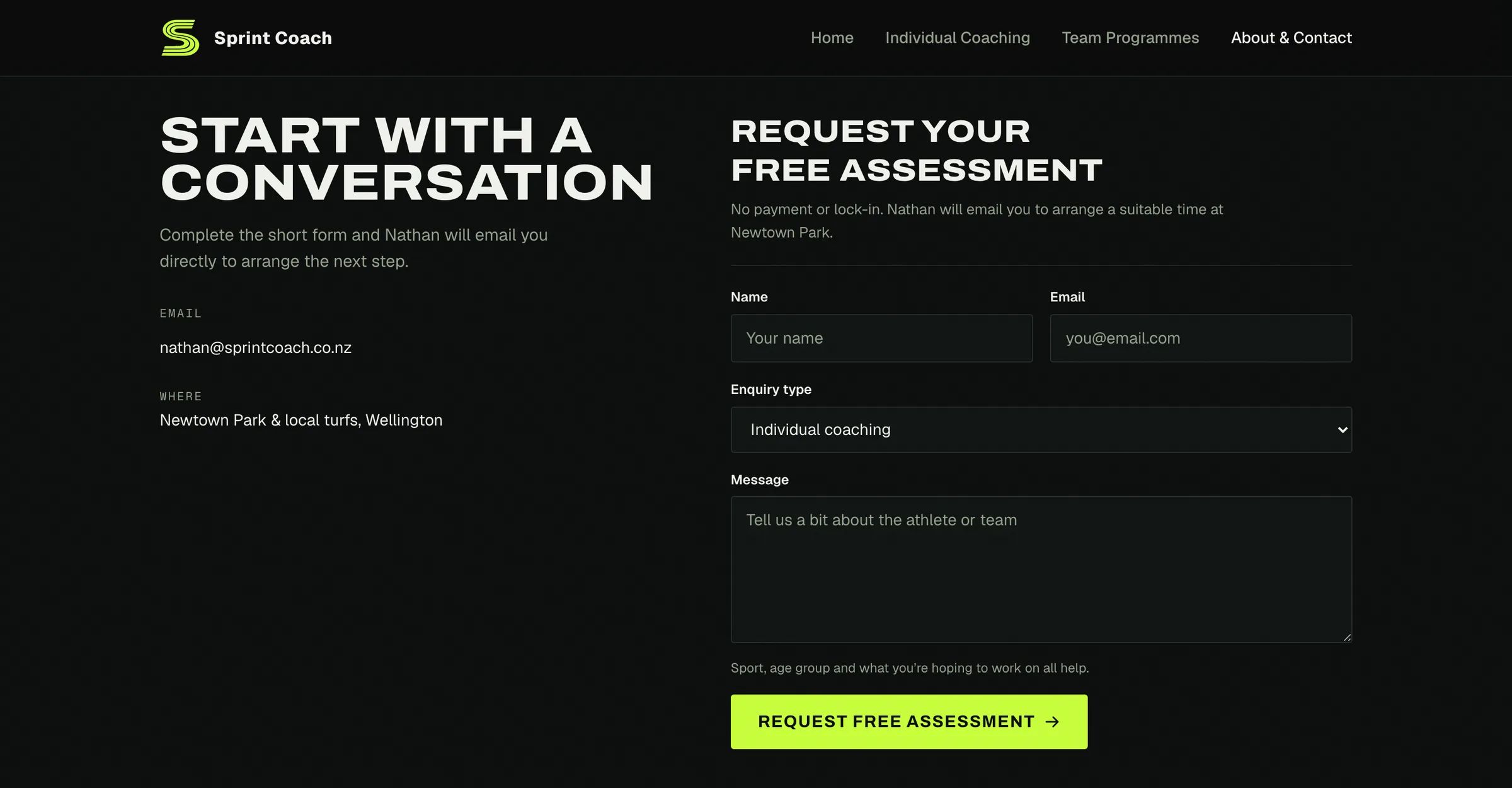 The Sprint Coach enquiry form, with name, email, enquiry type, and message fields beside the coach’s contact details.