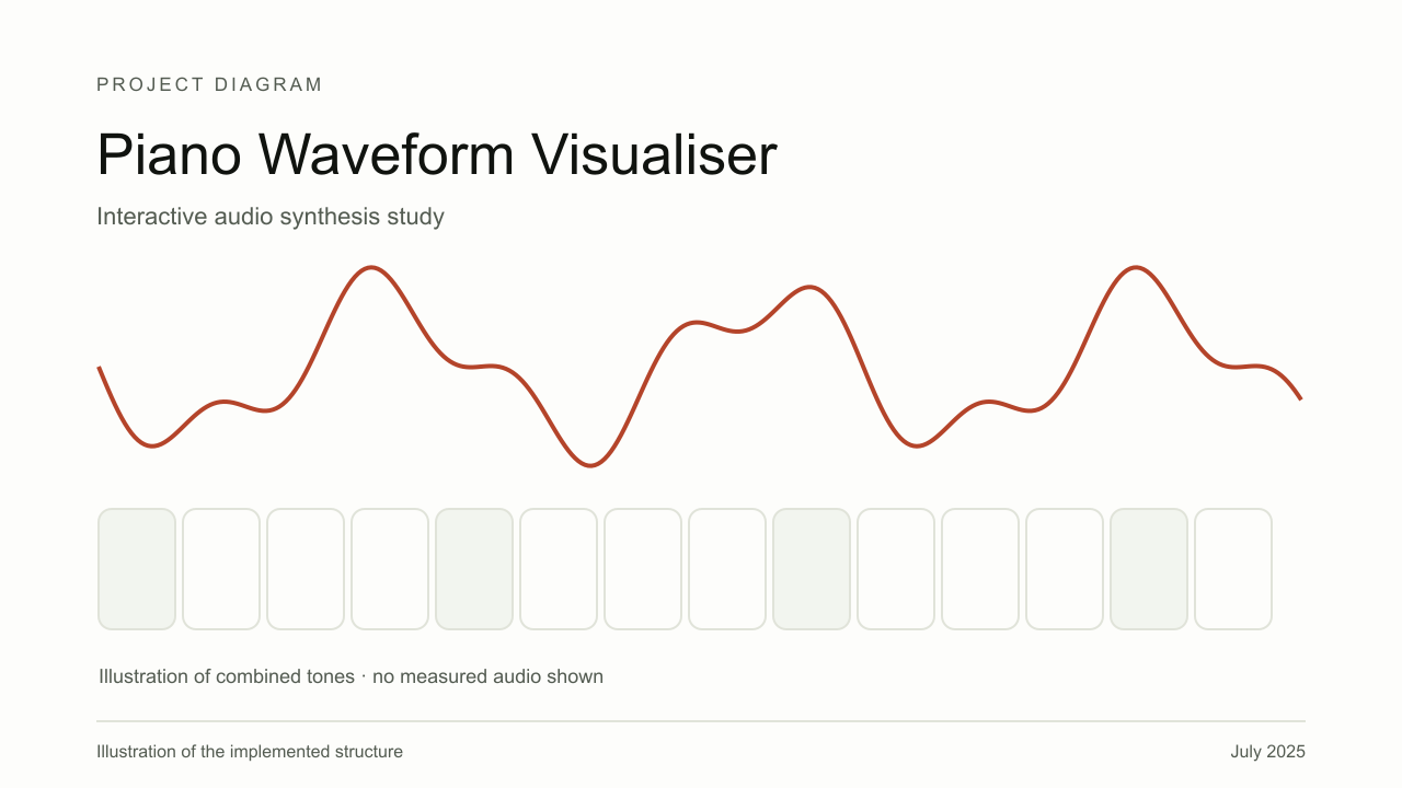 Explanatory diagram for Piano Waveform Visualiser, showing Selected keys, Summed tones, Waveform display.