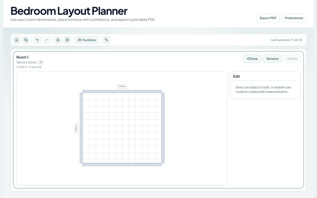 Screenshot of Bedroom Layout Designer showing the room-planning interface and editable plan.