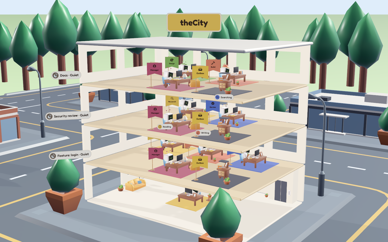 A cutaway office building labelled theCity on a street grid among trees, with robots working at colour-coded desks on each of its three floors.