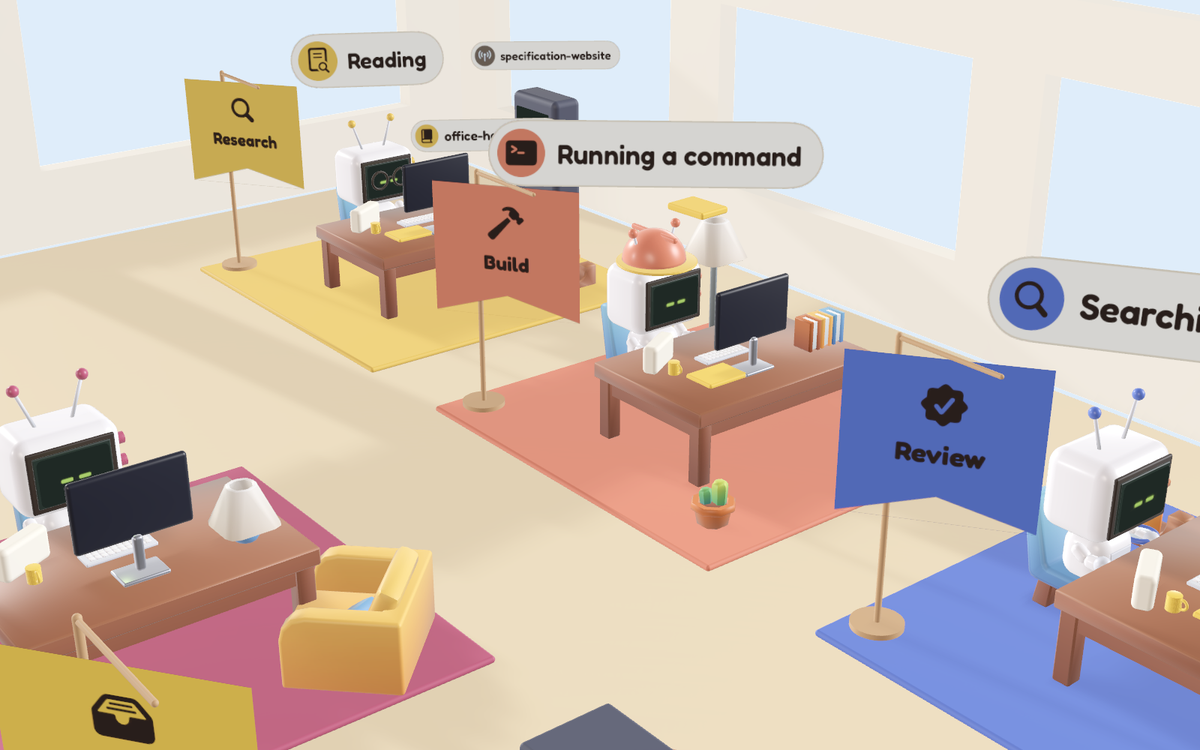A close view of an office floor: robots at the Research, Build and Review desks under status bubbles reading Reading, Running a command and Searching.