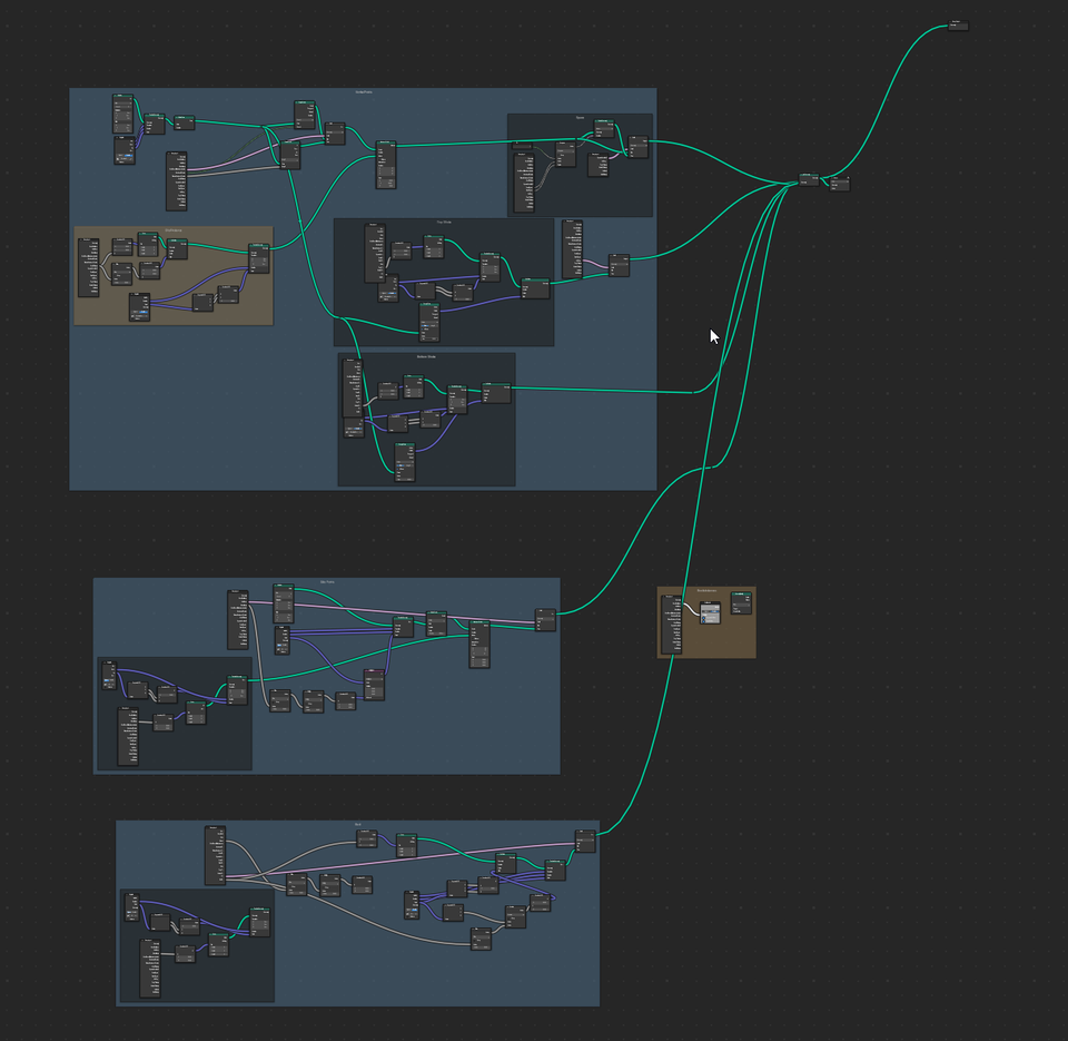 Original Blender screenshot of the bookshelf geometry-node graph, with connected construction and transformation nodes.