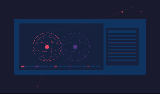 A dark illustration of two wireframe globes, each with a lightning bolt at its centre, beside a panel of text lines.