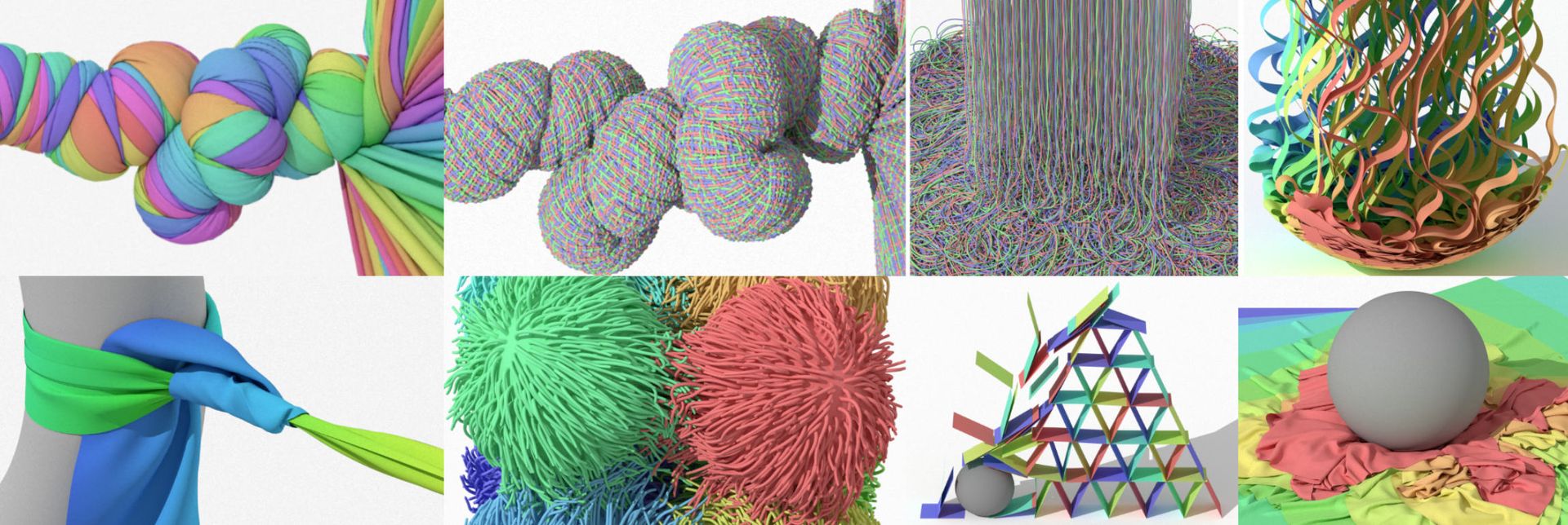 Teaser collage included in the AndoSim repository, showing several cloth and shell simulation scenes.