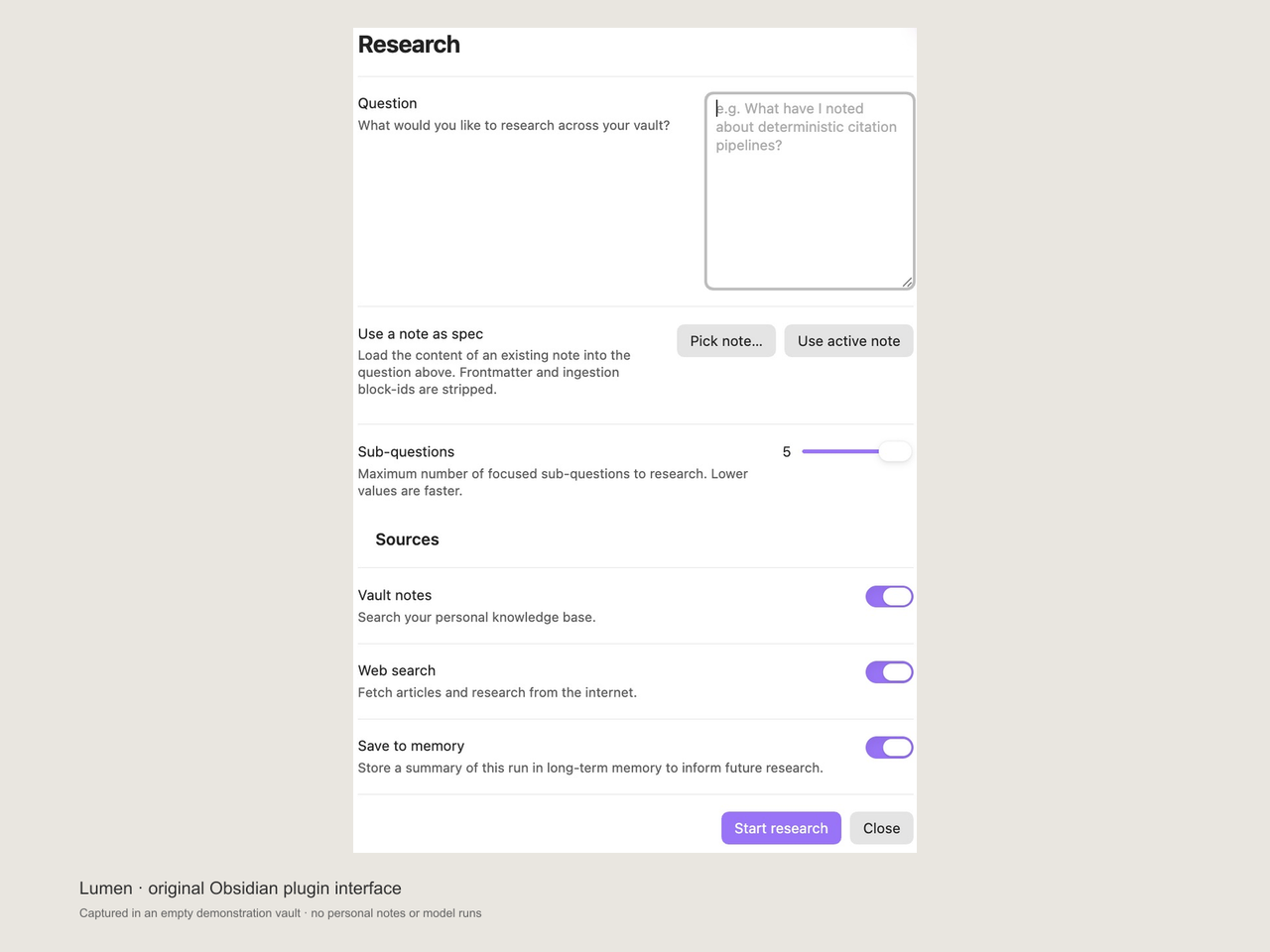 Lumen’s actual research form in Obsidian, showing question input, sub-questions, vault and web sources, and memory controls.