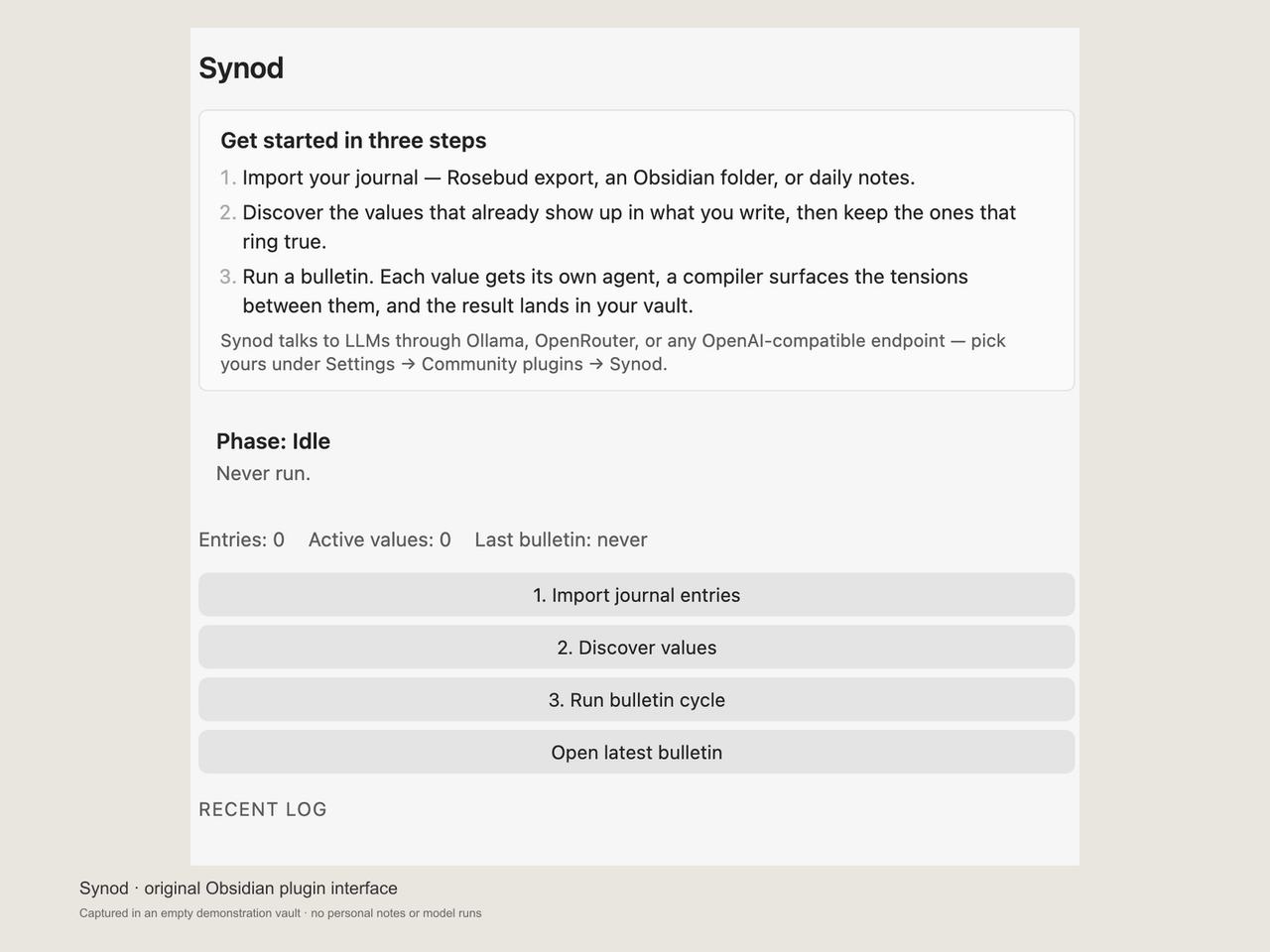 Synod’s actual Obsidian status panel, showing the journal import, value discovery and bulletin controls in an empty demonstration vault.