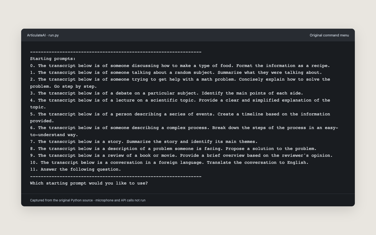 Original ArticulateAI command menu, with twelve options for processing a spoken transcript.