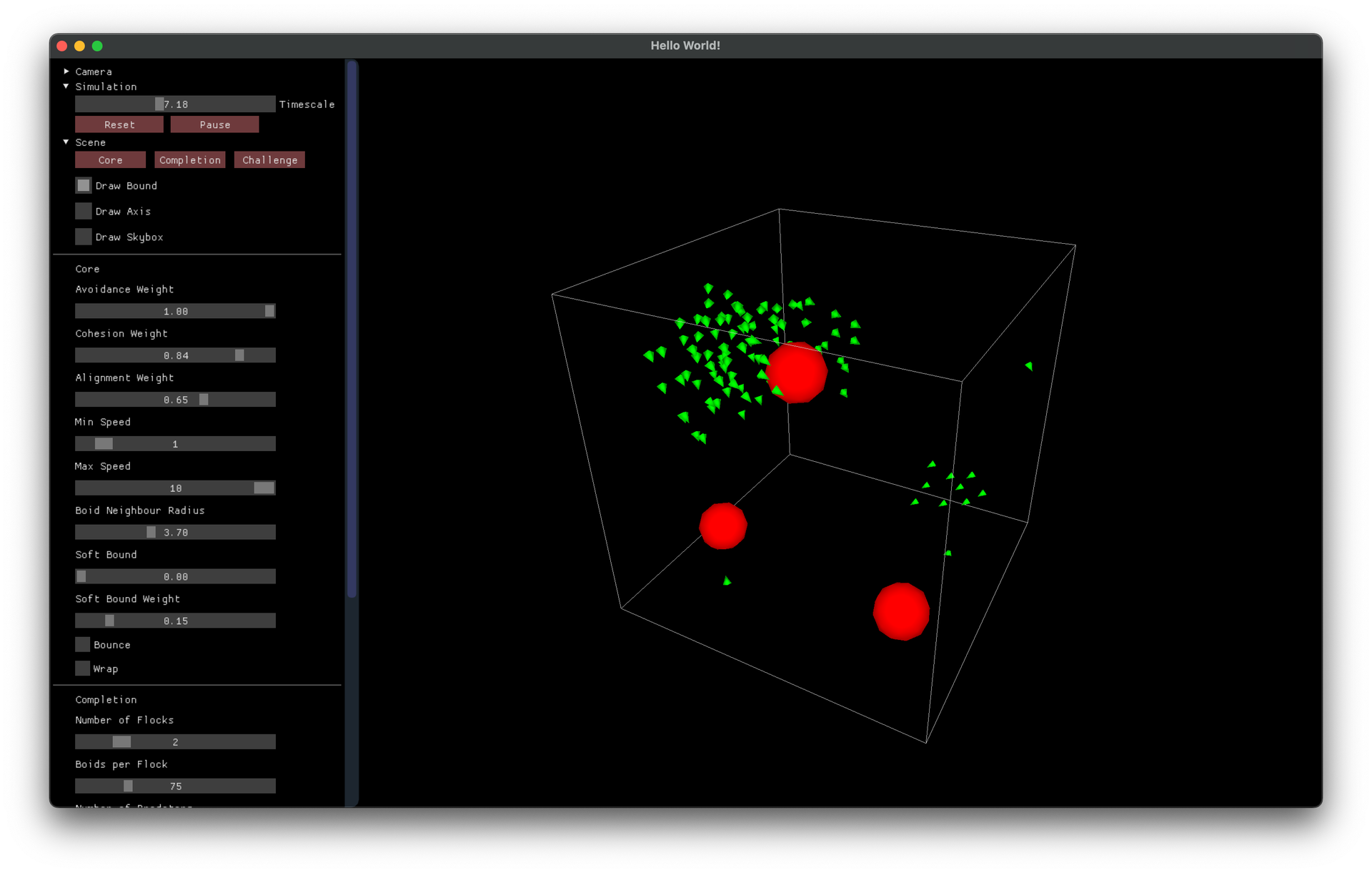 Original boids simulation screenshot showing a green flock in a bounded space, red obstacles and a control panel.