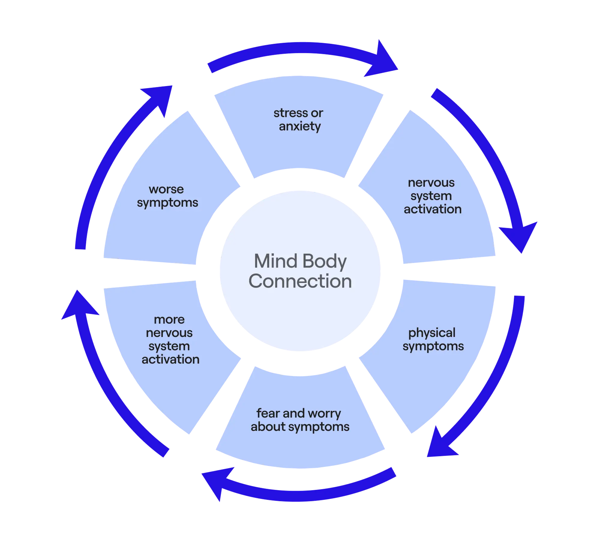 Stress or anxiety → nervous system activation → physical symptoms →  fear and worry about symptoms → more nervous system activation → worse symptoms