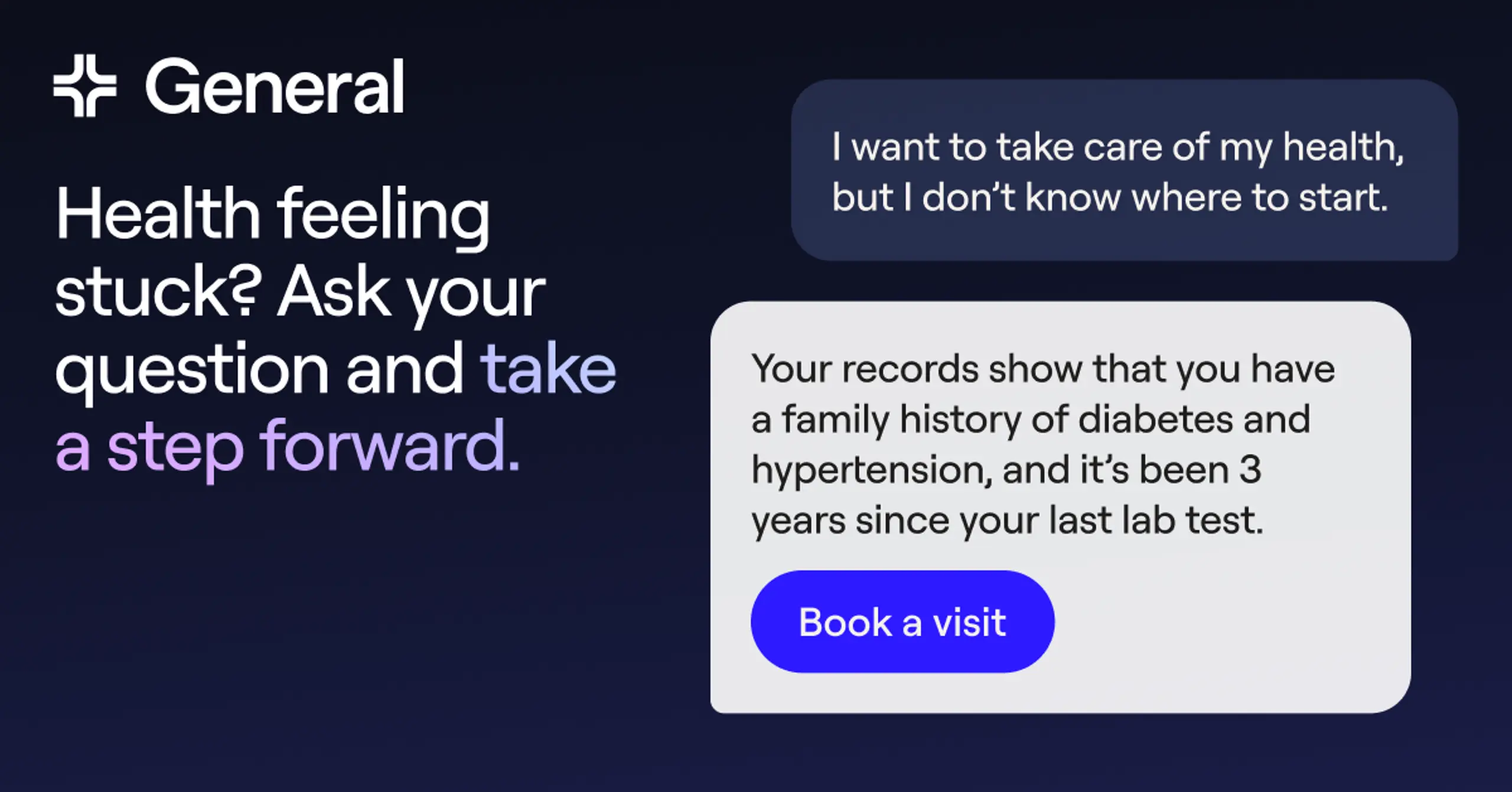 Headline reads "Health feeling stuck? Ask your question and take a step forward." Chat dialog shows someone asking where to start and being given information about their own history and being prompted to book a visit.