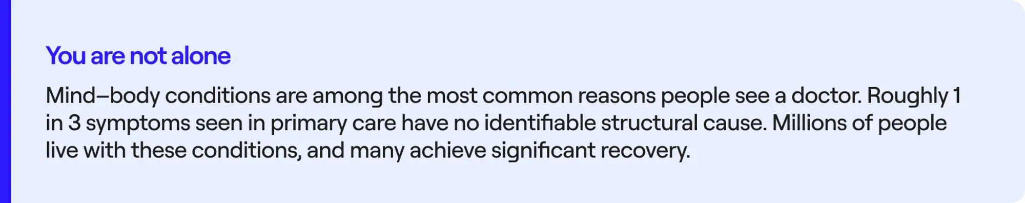 You are not alone Mind–body conditions are among the most common reasons people see a doctor. Roughly 1 in 3 symptoms seen in primary care have no identifiable structural cause. Millions of people live with these conditions, and many achieve significant recovery.