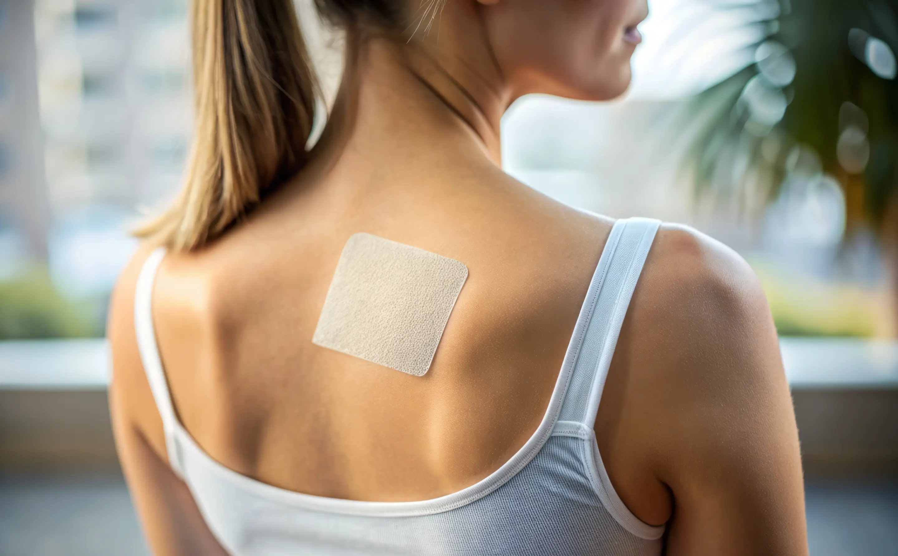 Woman with lidocaine patch on back