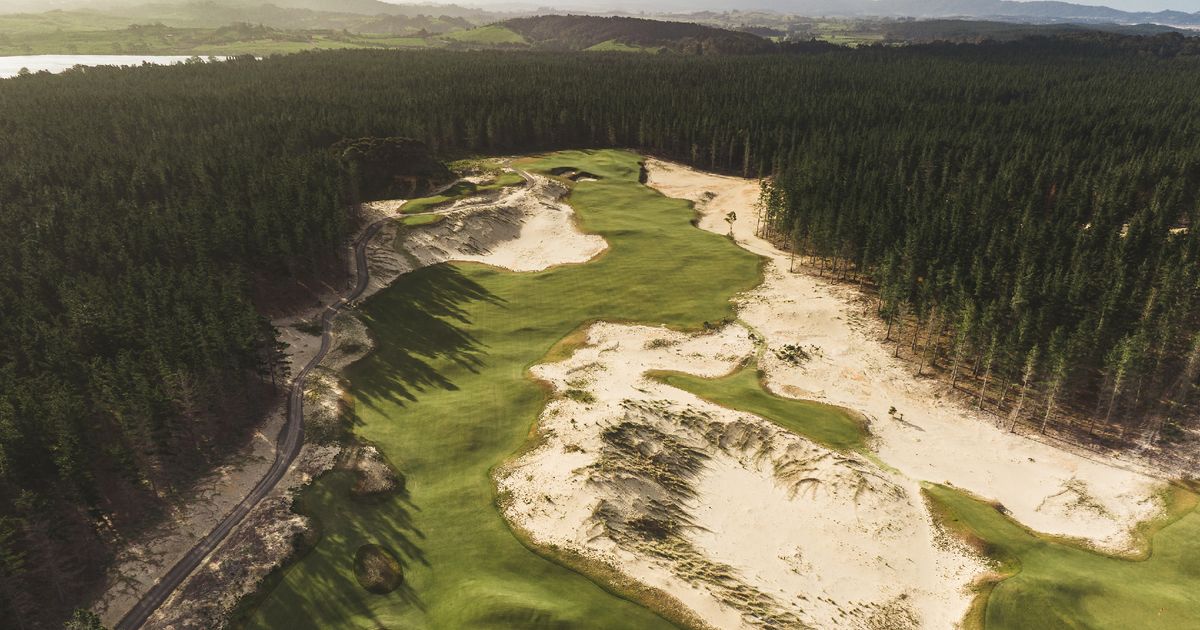 Aerial view of the spectacular coastal fairways at Te Arai Links, the premier luxury golf resort in Northland, New Zealand.
