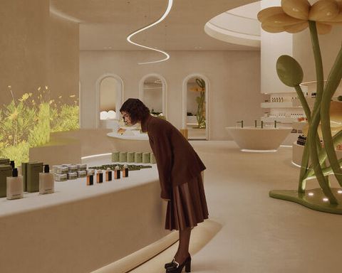 a biophilic retail interior shaped by organic textures, fluid transitions and soft light