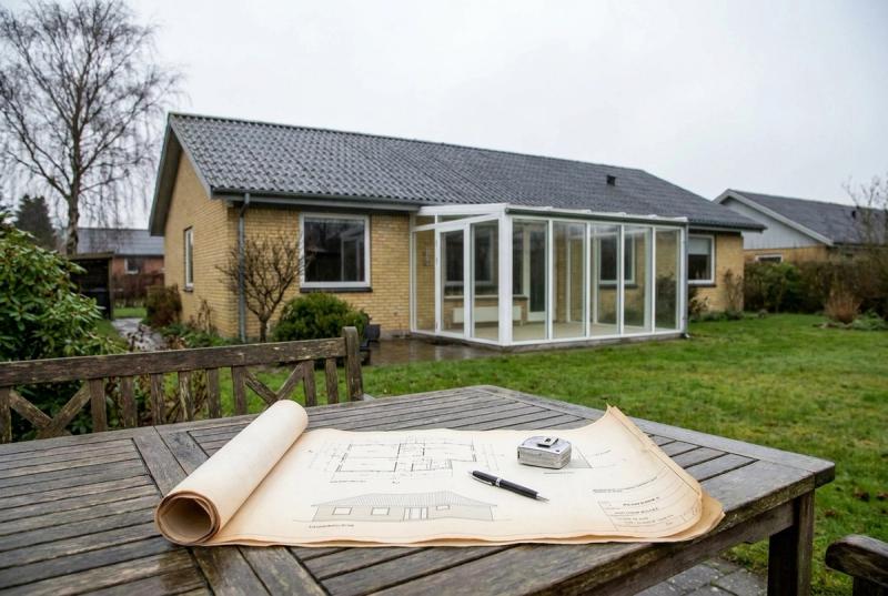 Tegninger til byggetilladelse foran en nybygget udestue på et dansk parcelhus