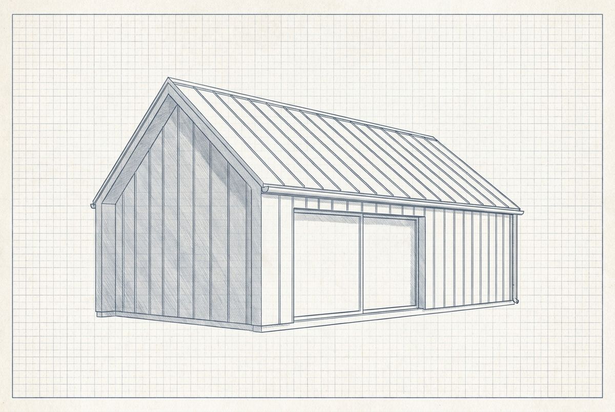 Illustration af et moderne hus med zinktag med stående false