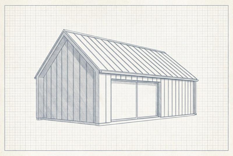 Illustration af et moderne hus med zinktag med stående false