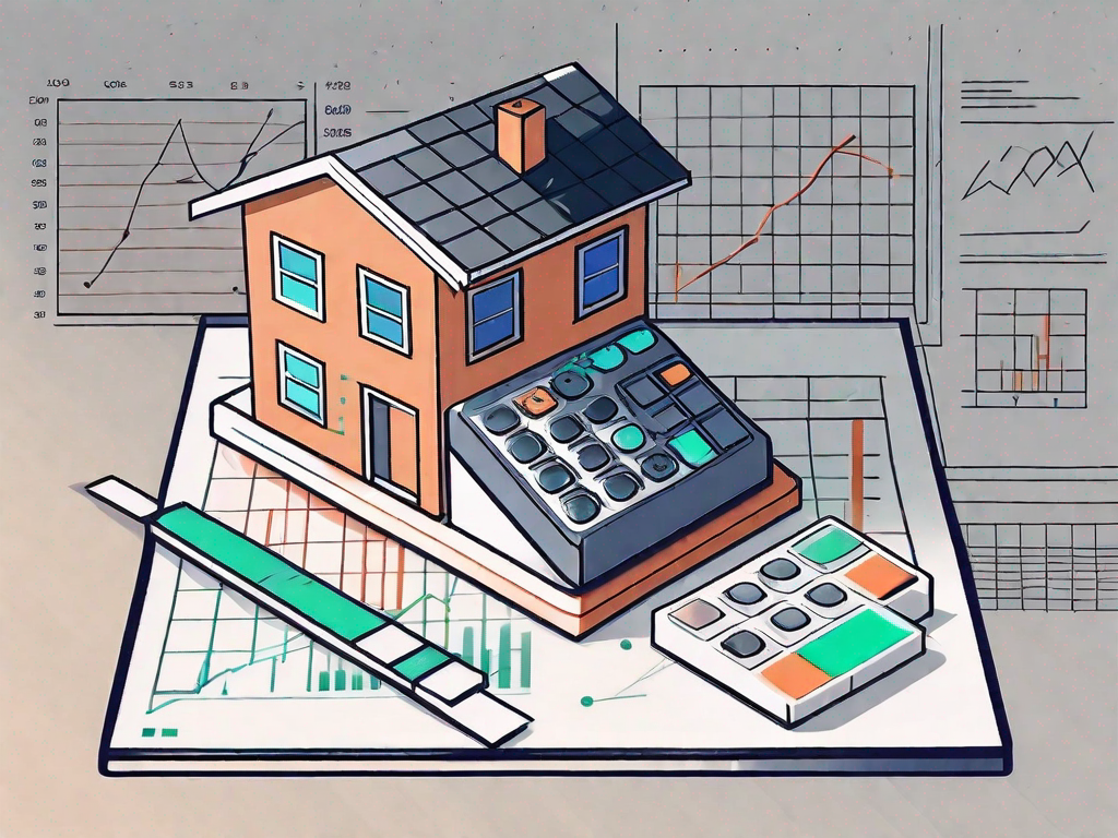 A digital calculator surrounded by a house with a freshly painted roof and some data charts