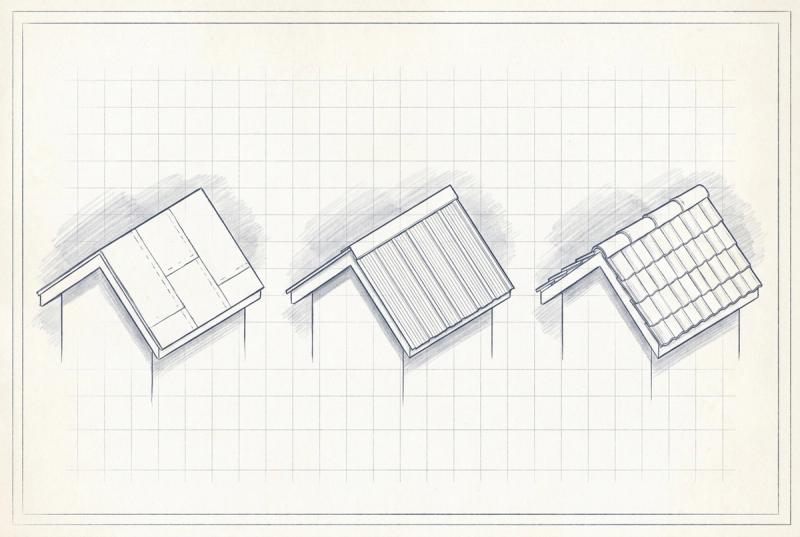 Illustration af tre tagudsnit til sammenligning: tagpap, bølgeplader og tagsten