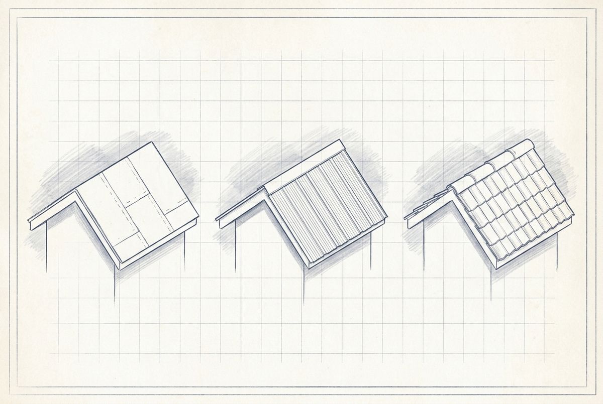 Illustration af tre tagudsnit til sammenligning: tagpap, bølgeplader og tagsten