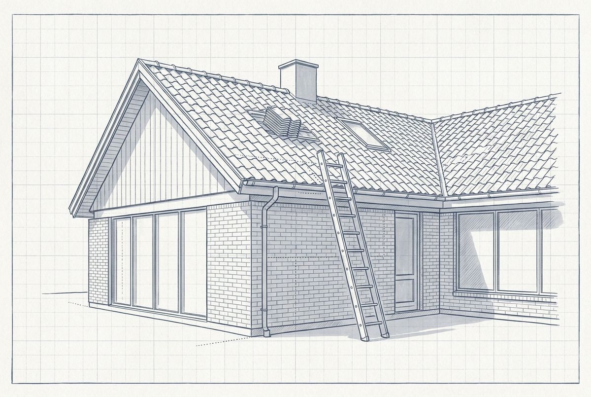 Illustration af et parcelhus med en stige op til tagrenden og løftede tagsten ved rygningen