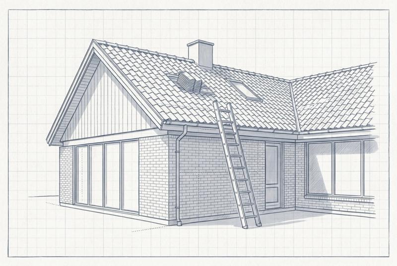 Illustration af et parcelhus med en stige op til tagrenden og løftede tagsten ved rygningen