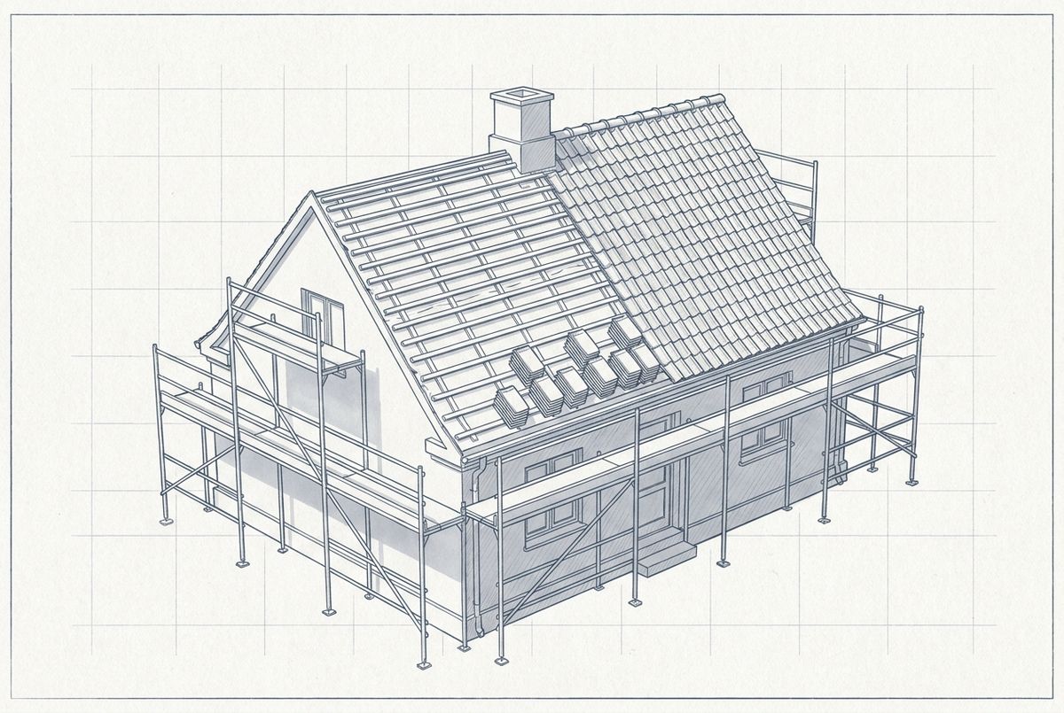 Illustration af et hus under tagrenovering med stillads, hvor halvdelen af tagstenene er taget af